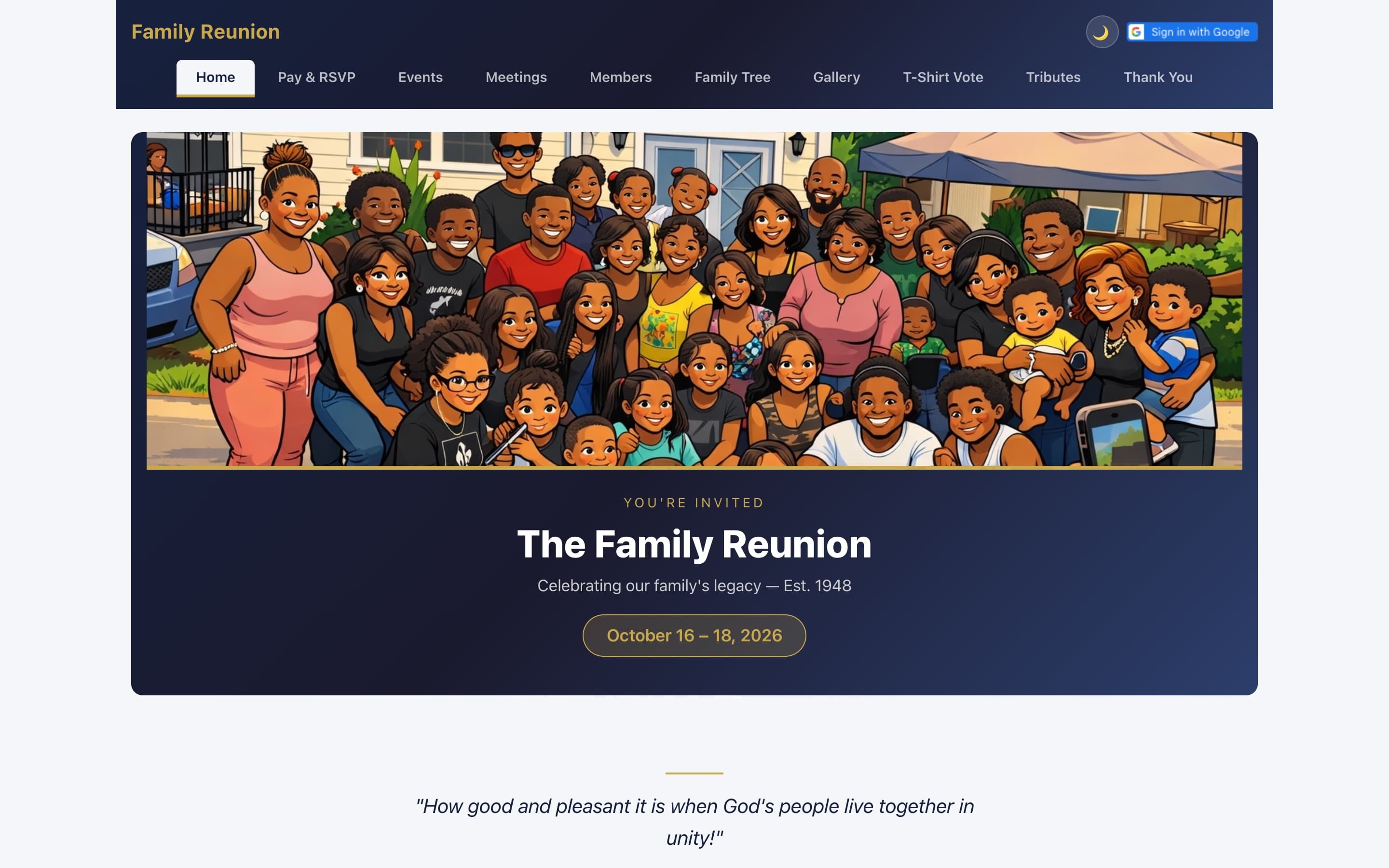 Reunion website homepage with hero, date banner, and countdown