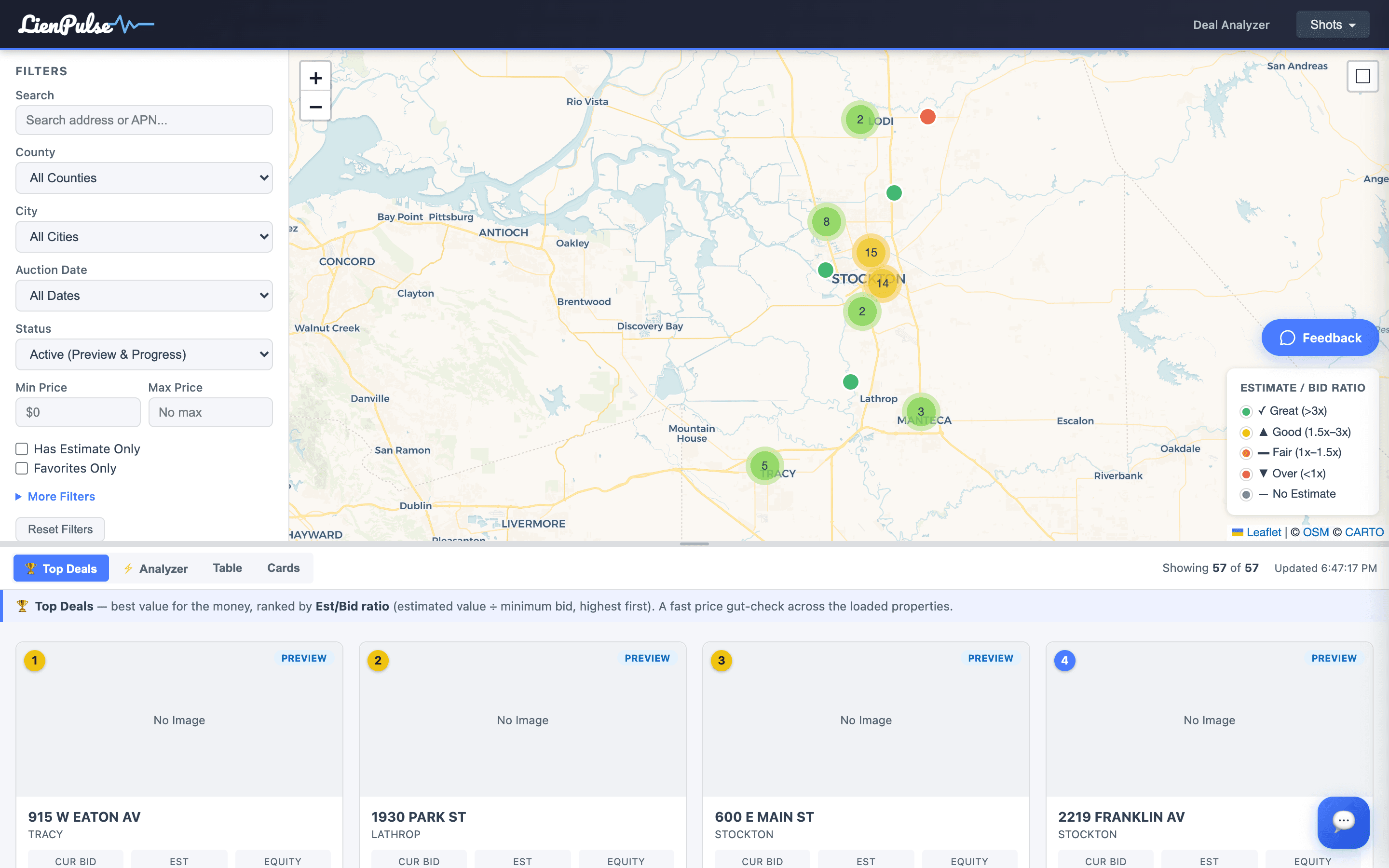 LienPulse map view with clustered auction properties, filters, and deal-quality legend