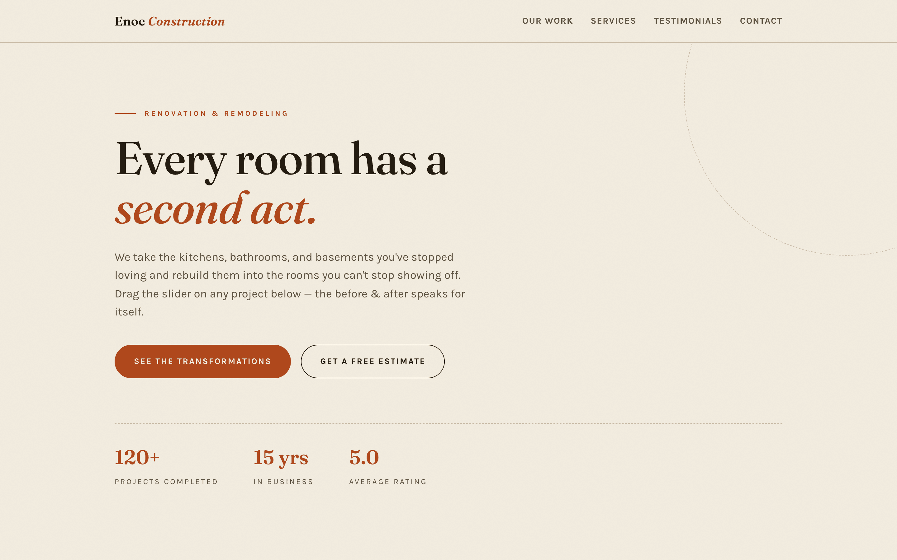 Enoc Construction homepage hero: Every room has a second act