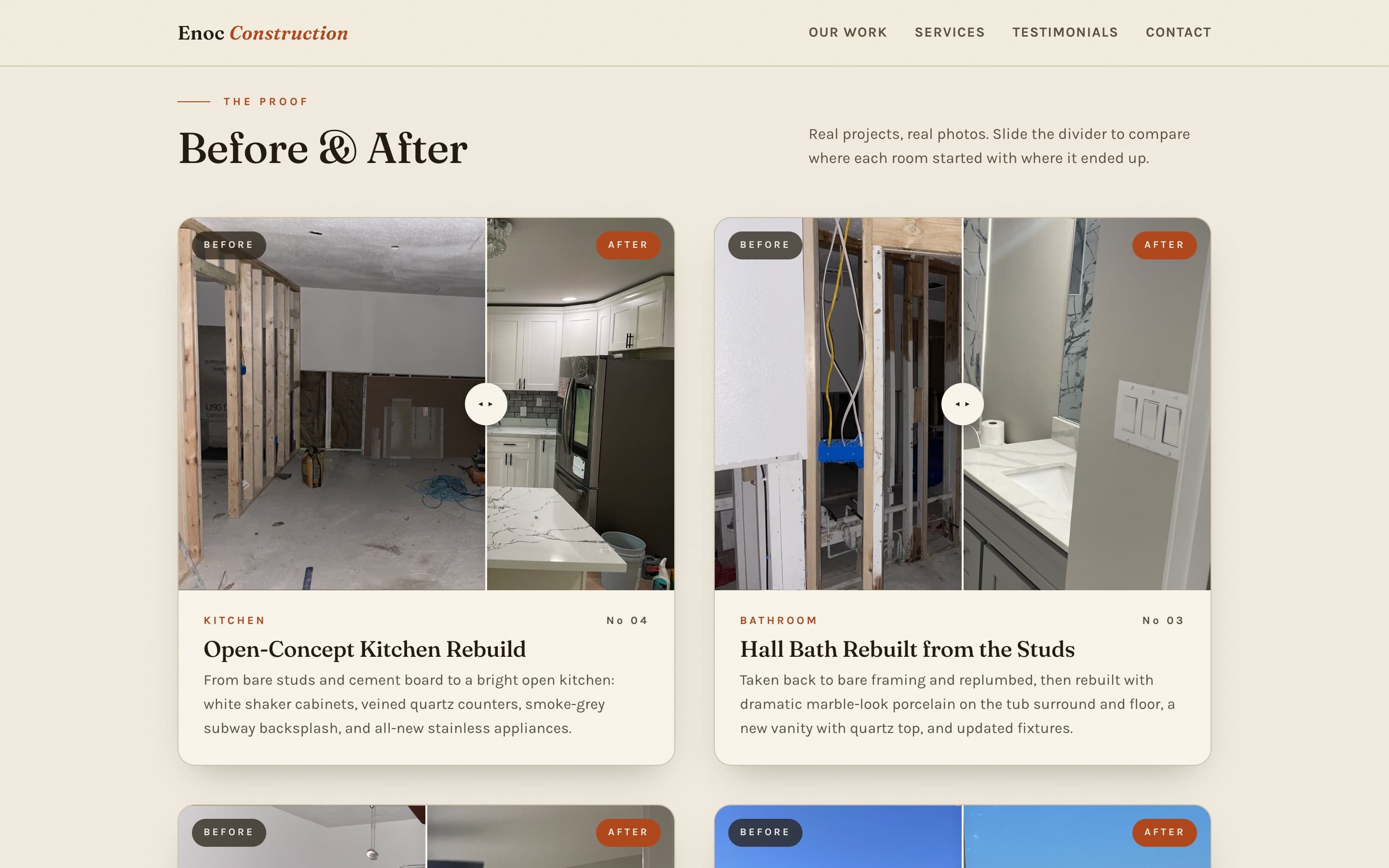 Before-and-after gallery with draggable comparison sliders on kitchen and bathroom rebuilds